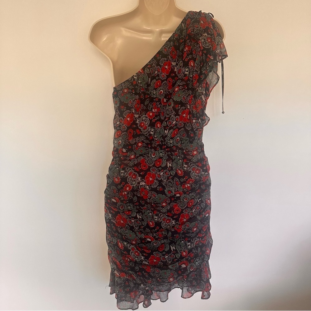 Veronica Beard Ballard Navy and Red One-Shoulder Ruffles Ruching Dress Size 2 - Picture 3 of 6